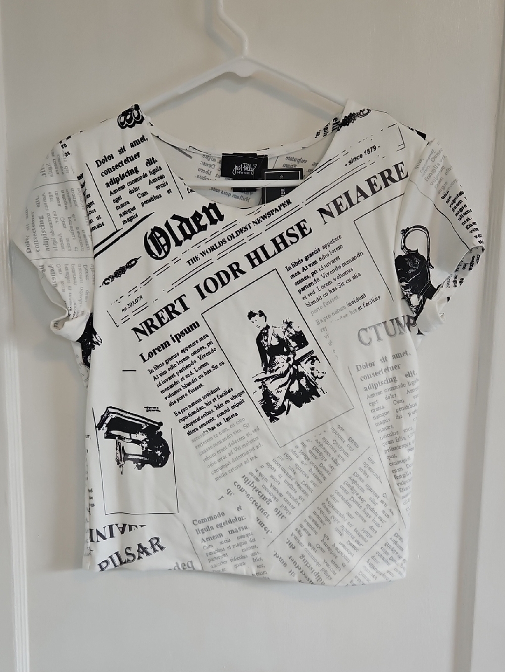 Just Polly White Newspaper Lorem Ipsum Print Short Sleeve Top